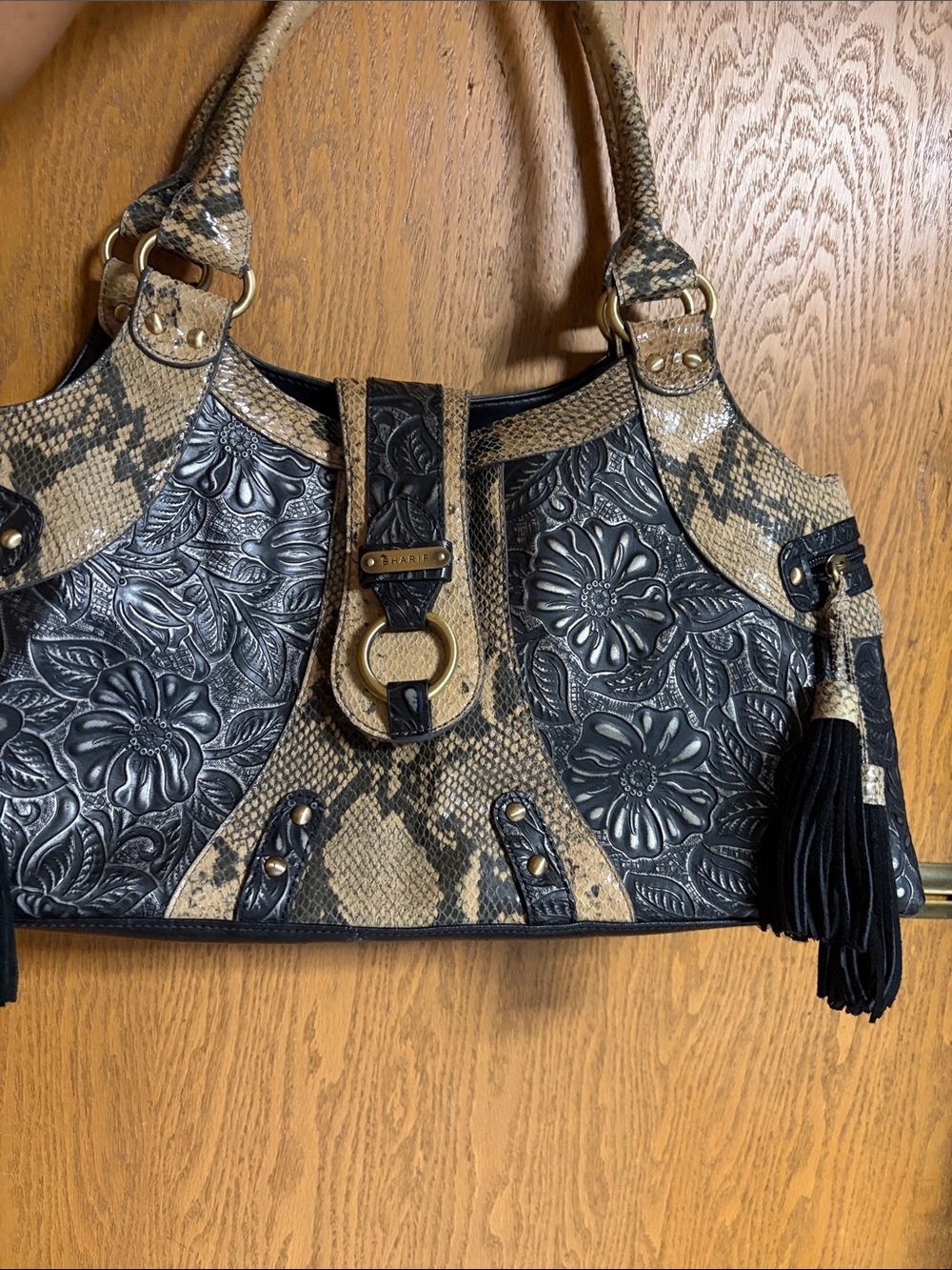 Sharif Studio Floral Embossed Snakeskin Tote in Black & Tan 17” x 9.5” x 4.5”
